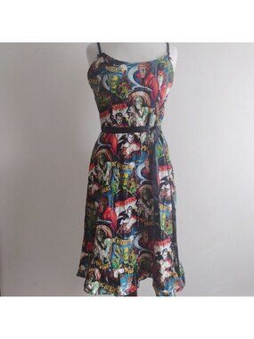 Paper Doll Productions Retro Monster Print Dress S 6 Y2k Pinup Novelty Midi